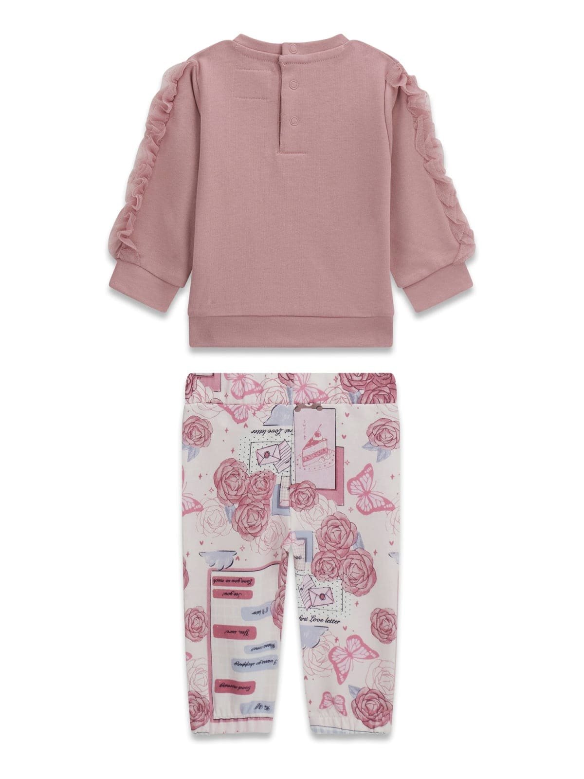Conjunto bebé GUESS con sudadera rosa de volantes y pantalón estampado