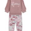 Conjunto bebé GUESS con sudadera rosa de volantes y pantalón estampado