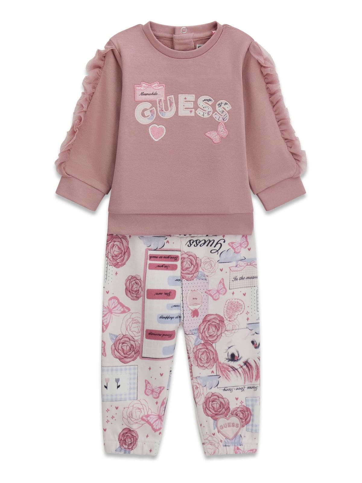 Conjunto bebé GUESS con sudadera rosa de volantes y pantalón estampado