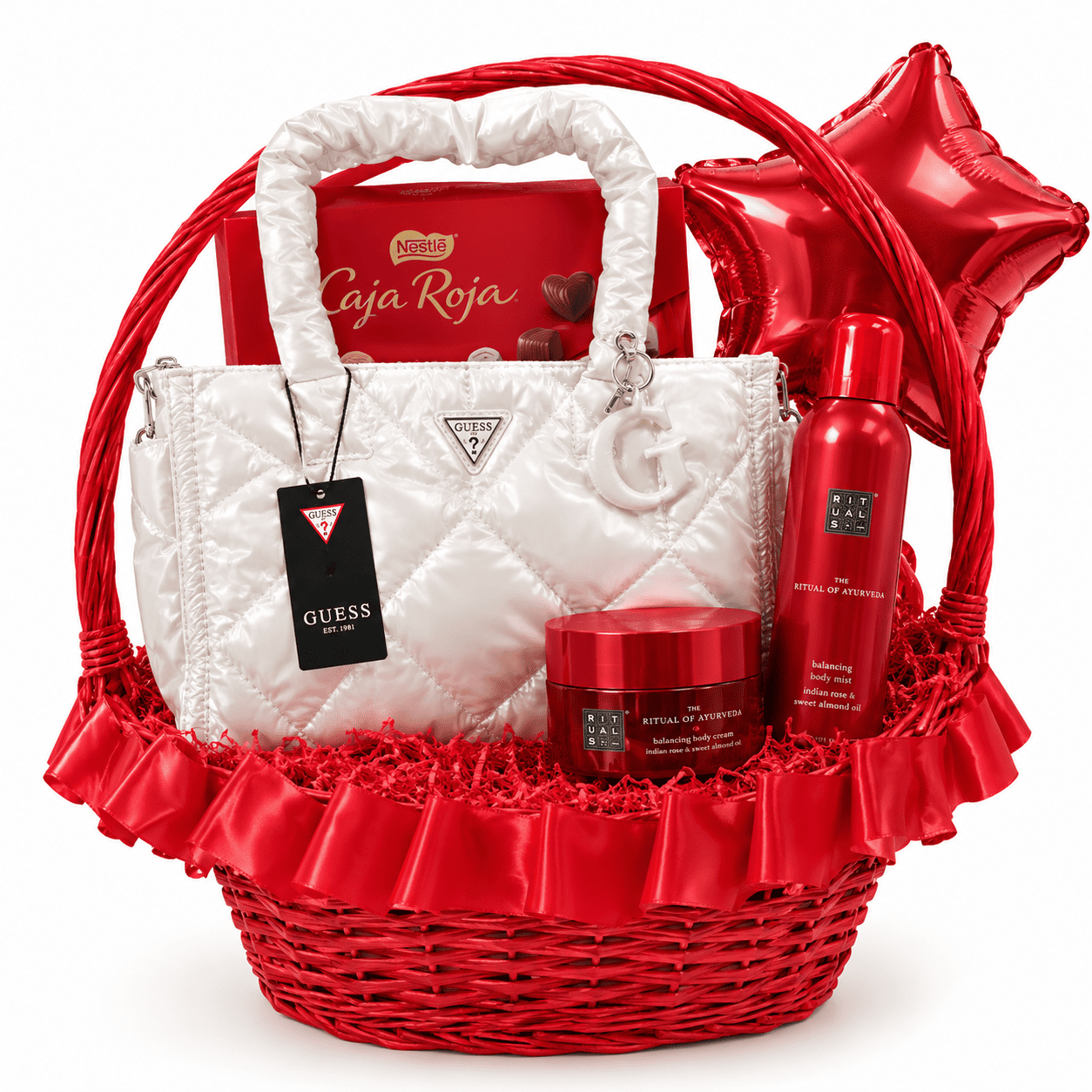 Cesta GUESS con bolso shopper acolchado, productos de bienestar y caja de chocolates
