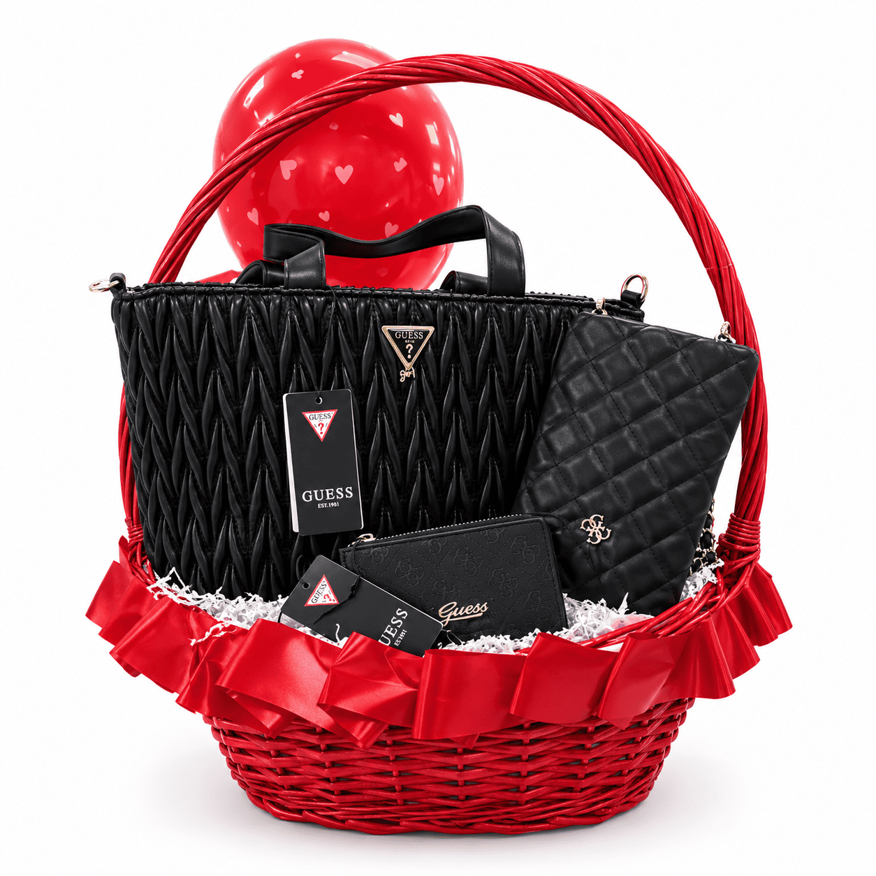 Cesta de regalo de accesorios acolchados GUESS Cesta de regalo GUESS con bolso shopper, bandolera y tarjetero acolchados