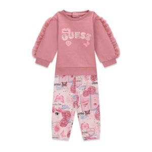 Conjunto bebé GUESS con sudadera rosa de volantes y pantalón estampado