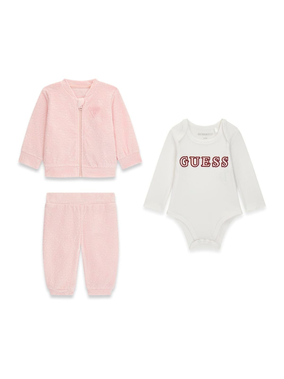 Chándal de bebé GUESS de 3 piezas en terciopelo con chaqueta, pantalón y body