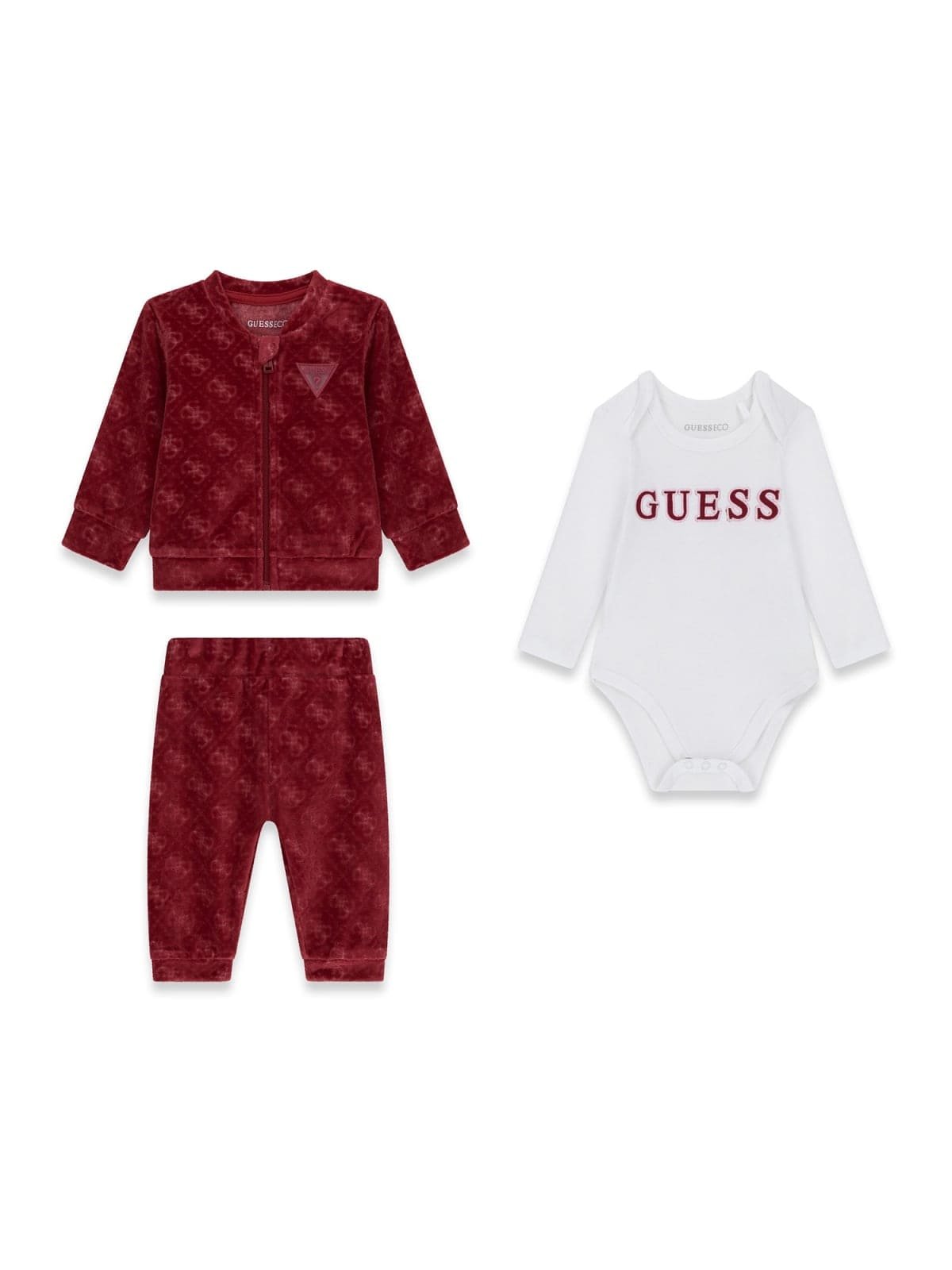 Chándal de bebé GUESS de 3 piezas en terciopelo con chaqueta, pantalón y body