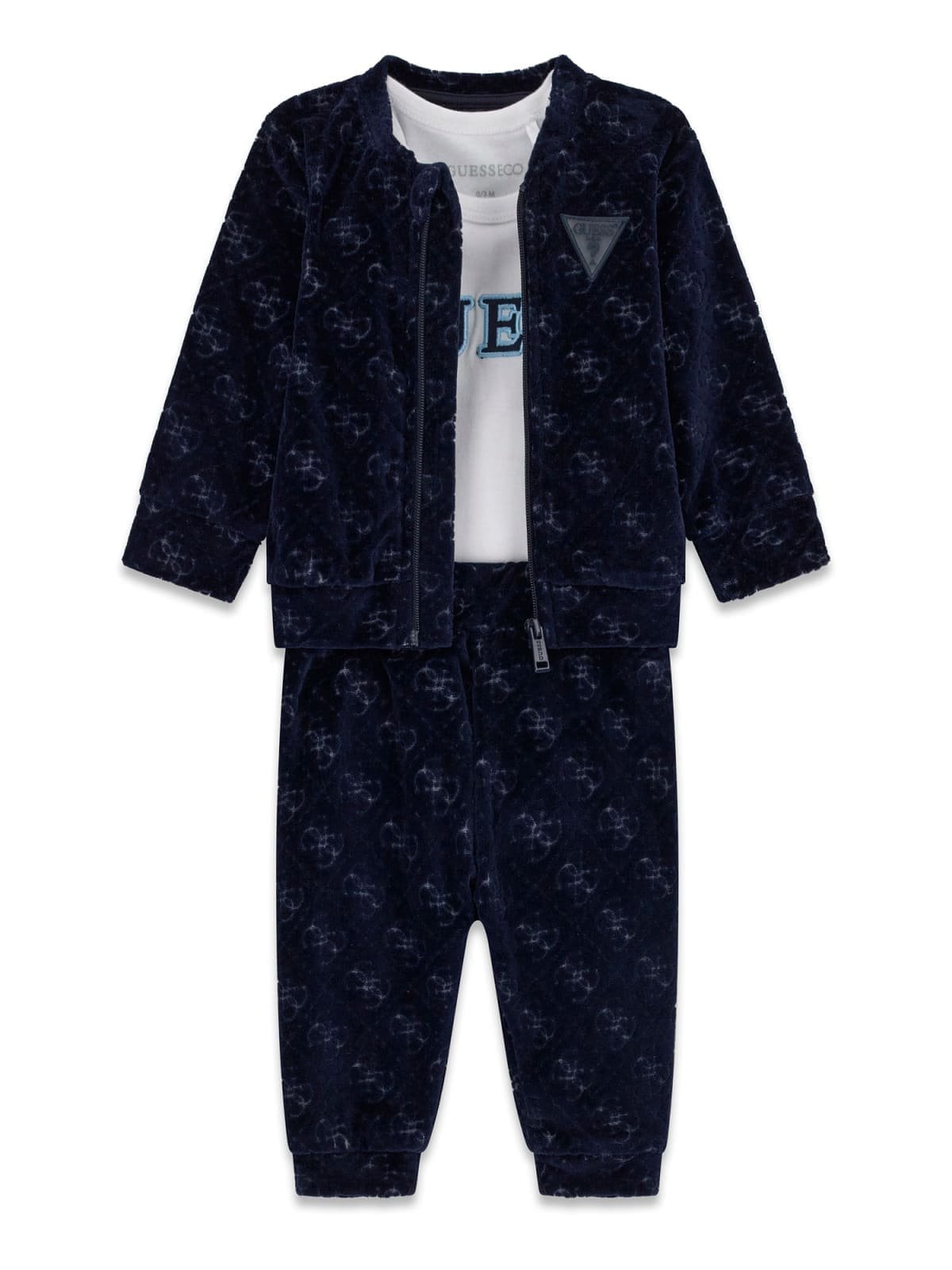 Chándal de bebé GUESS de 3 piezas en terciopelo con chaqueta, pantalón y body