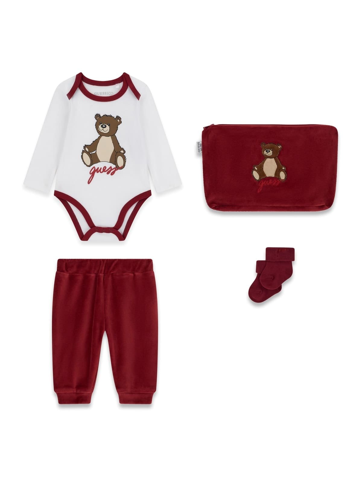 Conjunto bebé GUESS de 4 piezas con body de osito, pantalón, patucos y neceser
