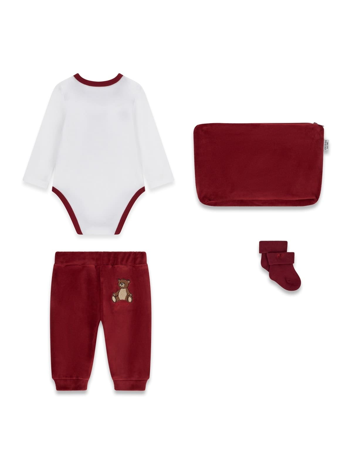 Conjunto bebé GUESS de 4 piezas con body de osito, pantalón, patucos y neceser