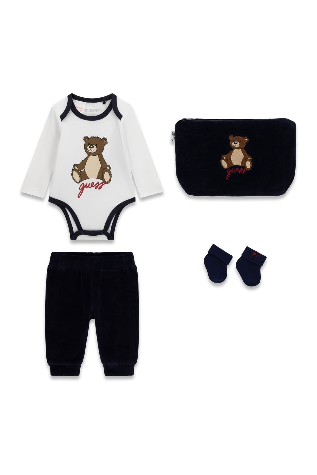 Conjunto bebé GUESS de 4 piezas con body de osito, pantalón, patucos y neceser