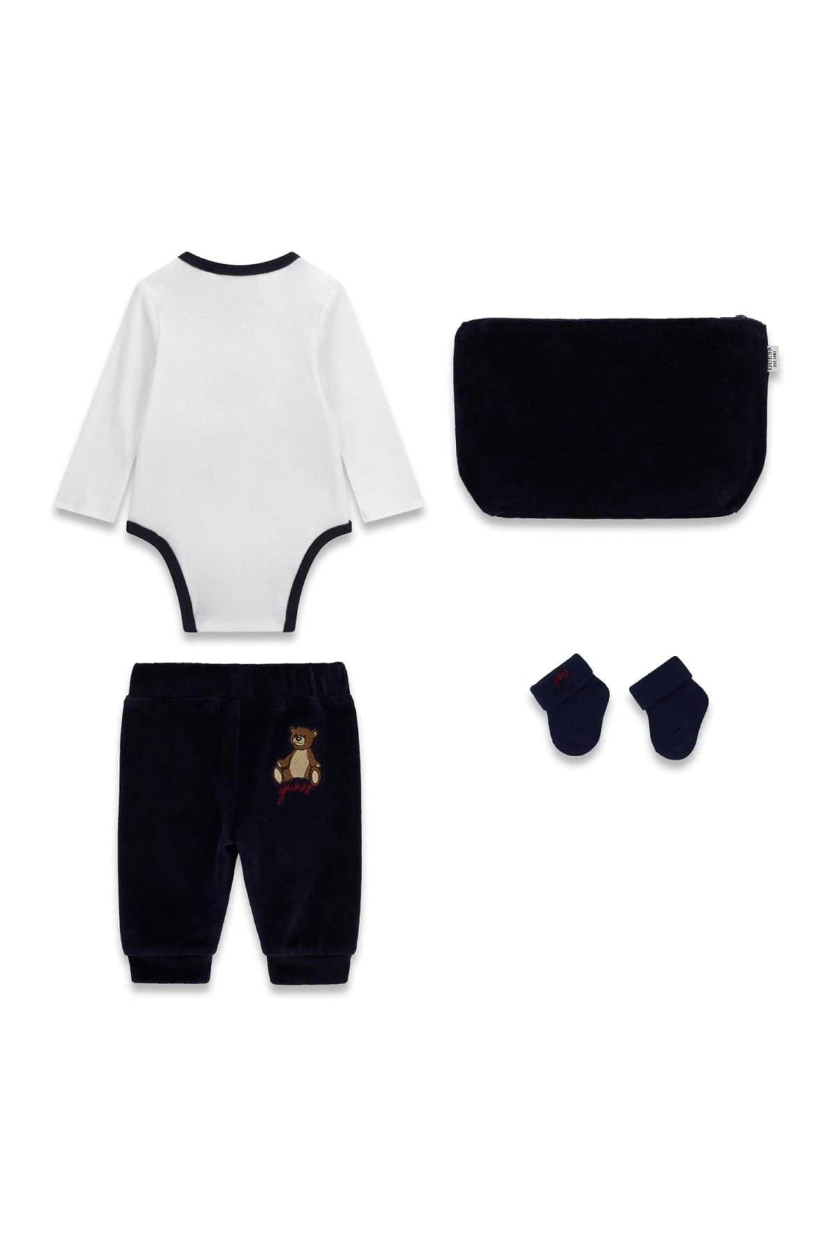 Conjunto bebé GUESS de 4 piezas con body de osito, pantalón, patucos y neceser