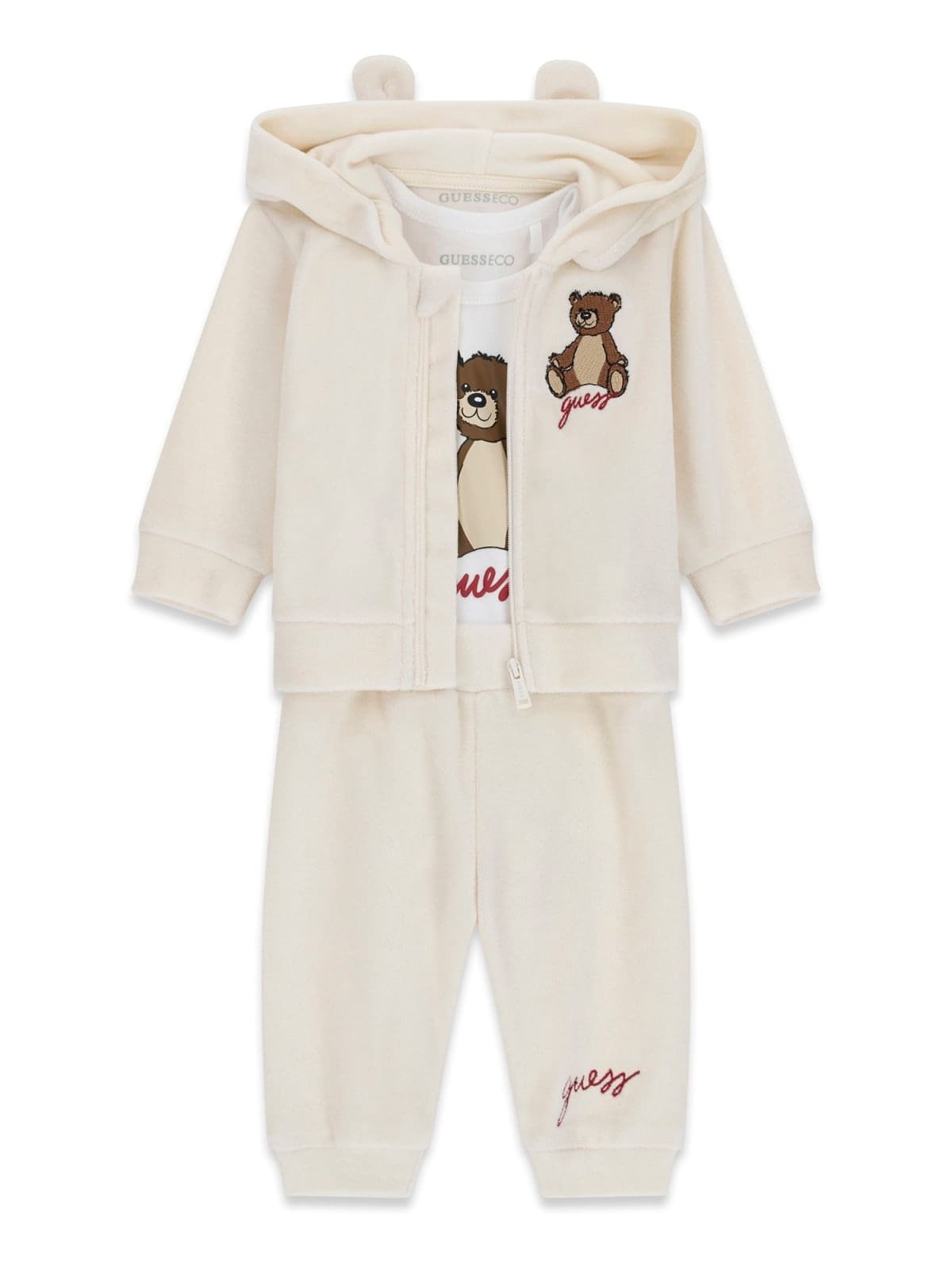 Chándal bebé GUESS de 3 piezas de terciopelo con chaqueta de oso, pantalón y body