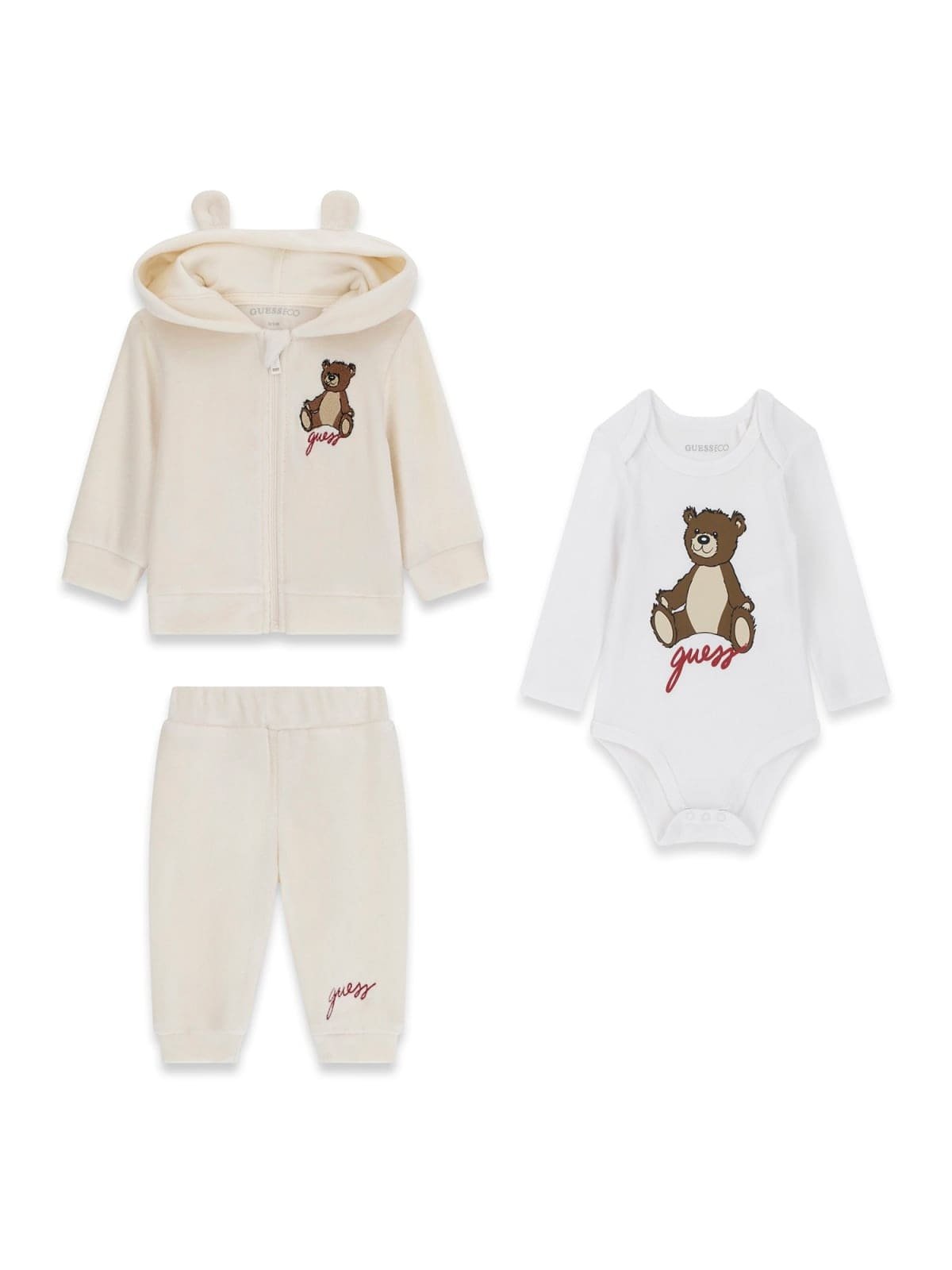 Chándal bebé GUESS de 3 piezas de terciopelo con chaqueta de oso, pantalón y body