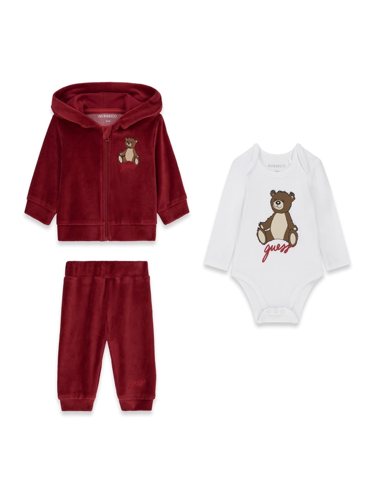 Chándal bebé GUESS de 3 piezas de terciopelo con chaqueta de oso, pantalón y body