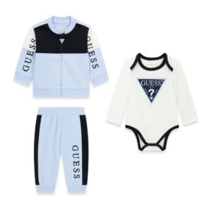 Conjunto trío bebé GUESS con sudadera bomber, pantalón y body