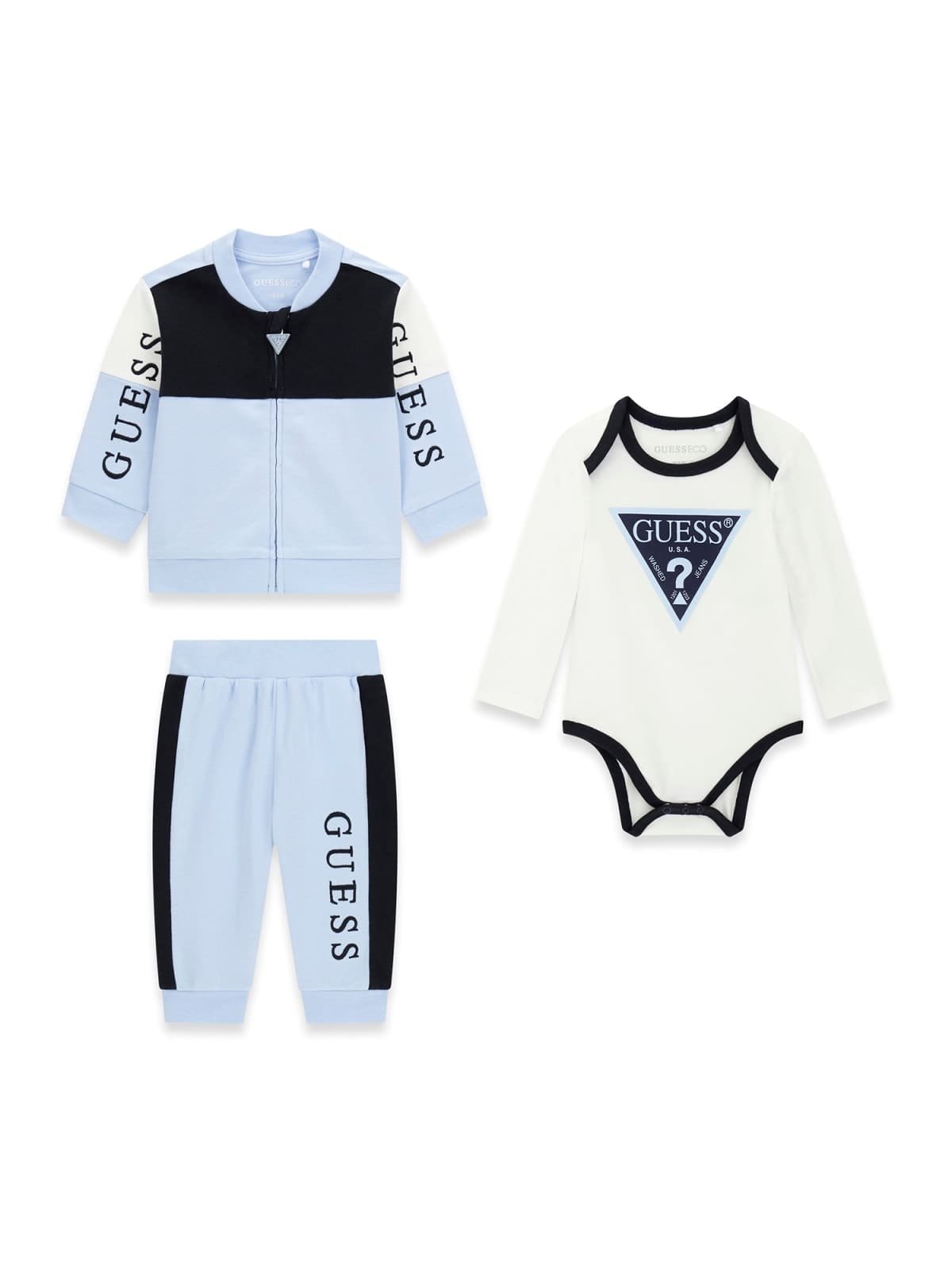 Conjunto trío bebé GUESS con sudadera bomber, pantalón y body