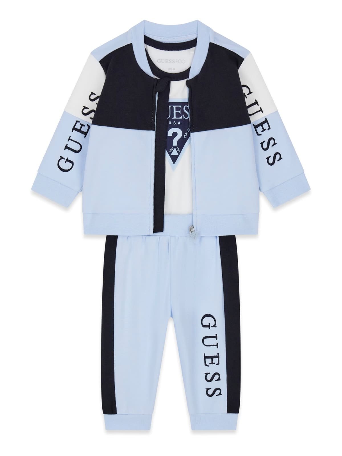 Conjunto trío bebé GUESS con sudadera bomber, pantalón y body