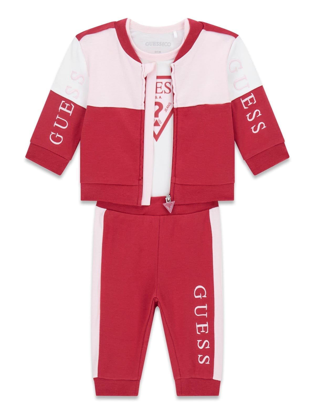 Conjunto trío bebé GUESS con sudadera bomber, pantalón y body