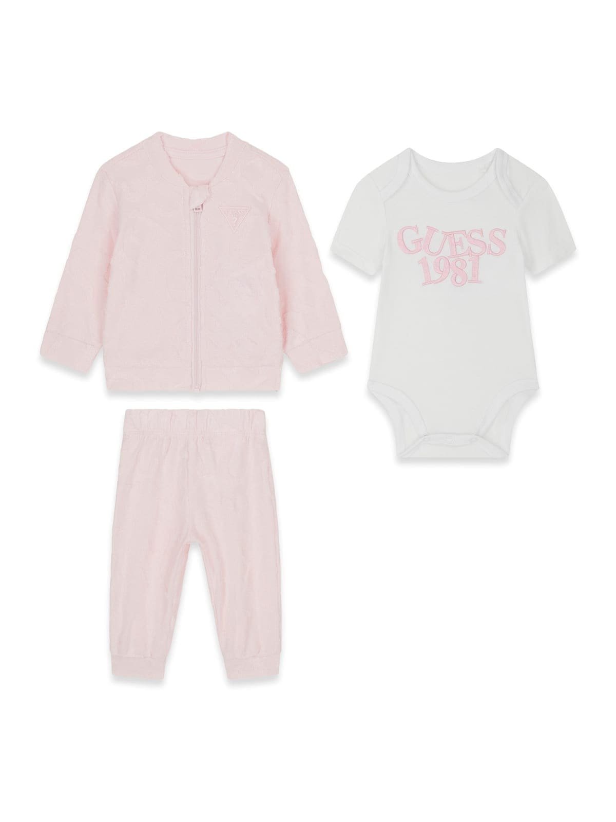 Conjunto trío bebé GUESS con sudadera, pantalón y body