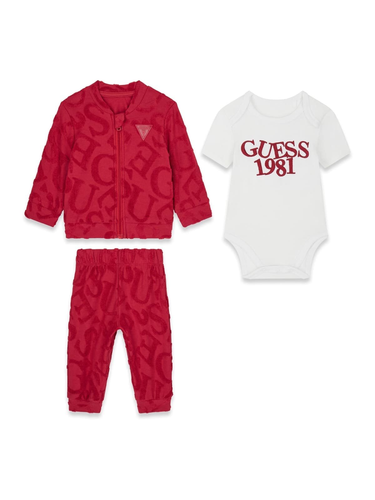 Conjunto trío bebé GUESS con sudadera, pantalón y body