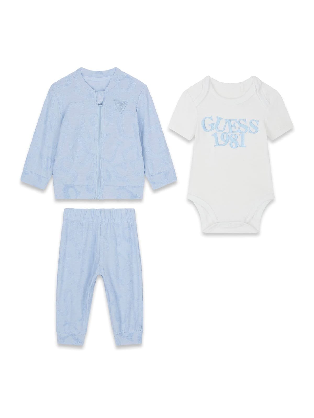 Conjunto trío bebé GUESS con sudadera, pantalón y body