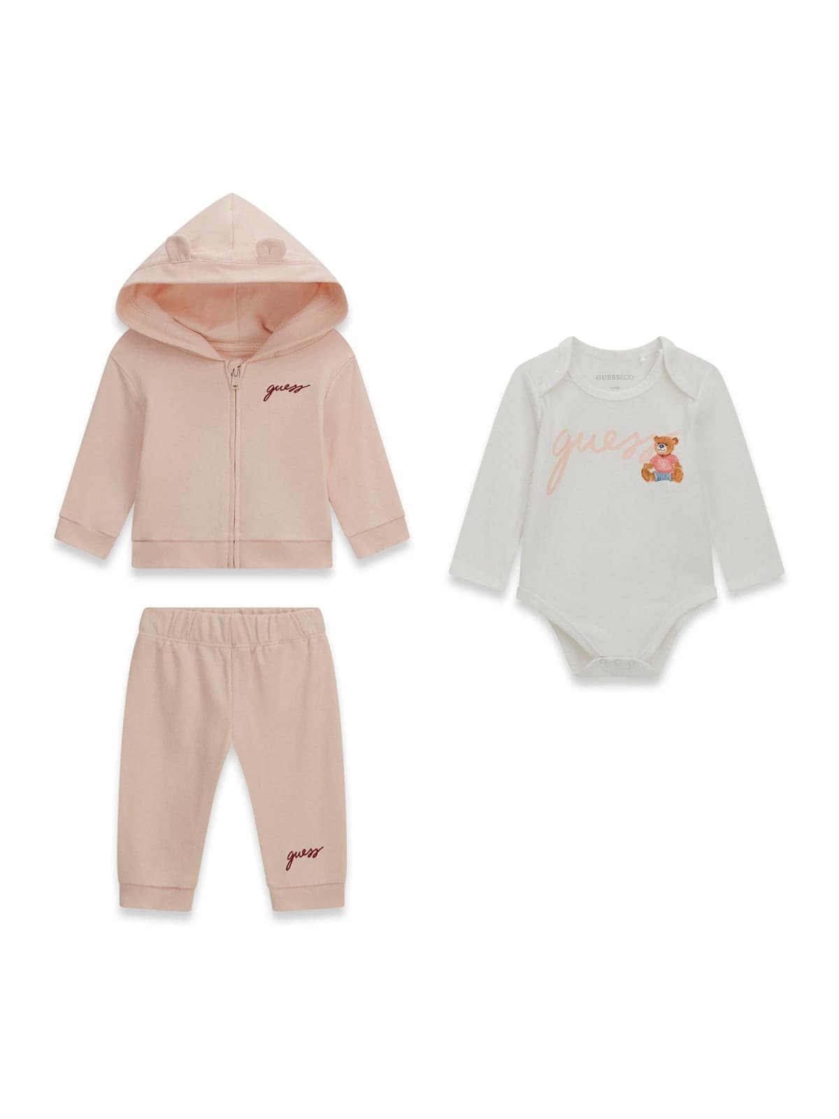 Conjunto trío bebé GUESS con sudadera de orejitas, pantalón y body