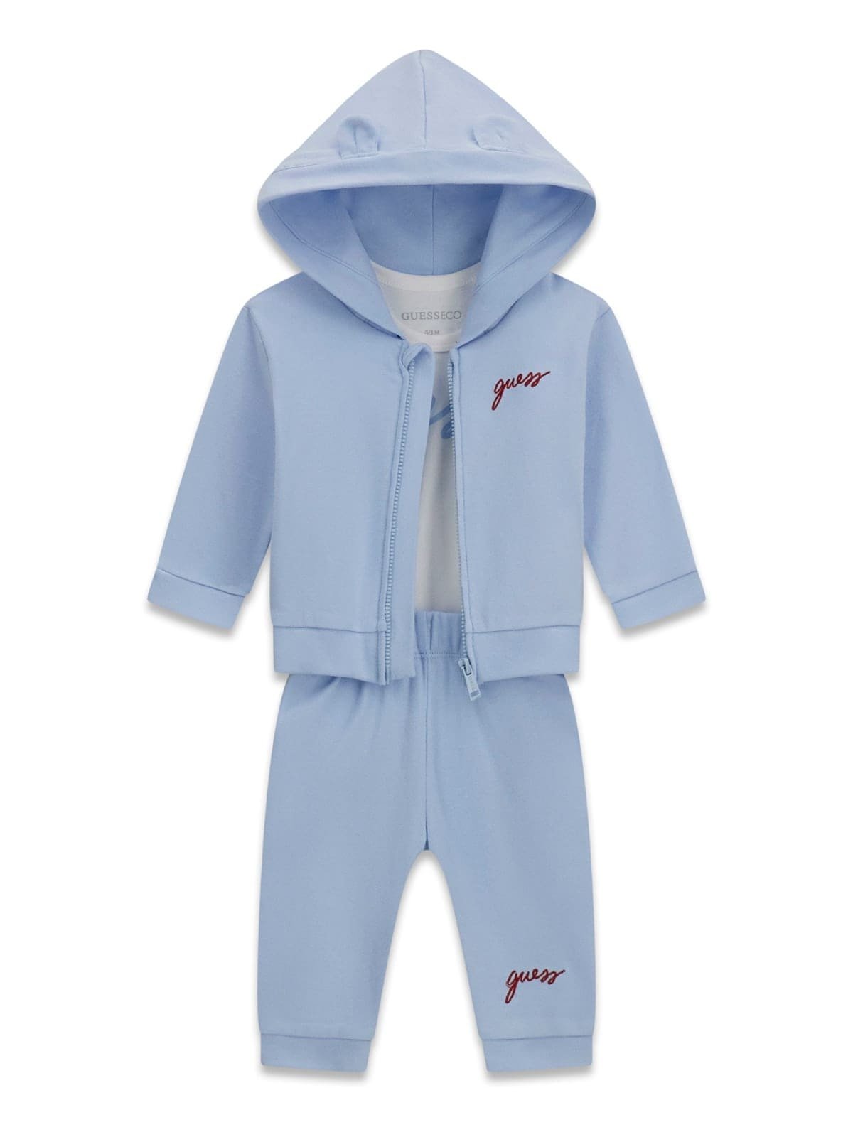 Conjunto trío bebé GUESS con sudadera de orejitas, pantalón y body