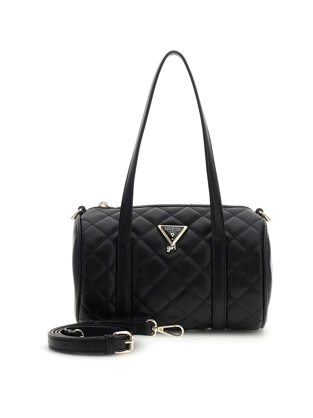 Bolso tubo GUESS acolchado con diseño de rombos, logotipo triangular metálico y asas superiores
