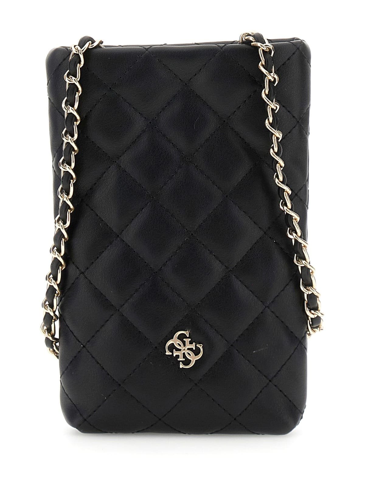 Portamóvil GUESS acolchado con motivo de rombos, logotipo metálico y correa de cadena dorada