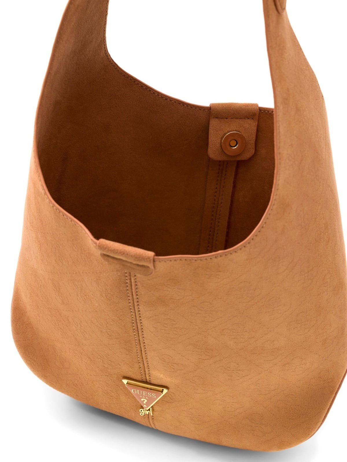 Bolso marrón GUESS de pelo de ante con logotipo metálico dorado