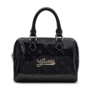 Bolso negro GUESS de charol acolchado con logotipo metálico dorado
