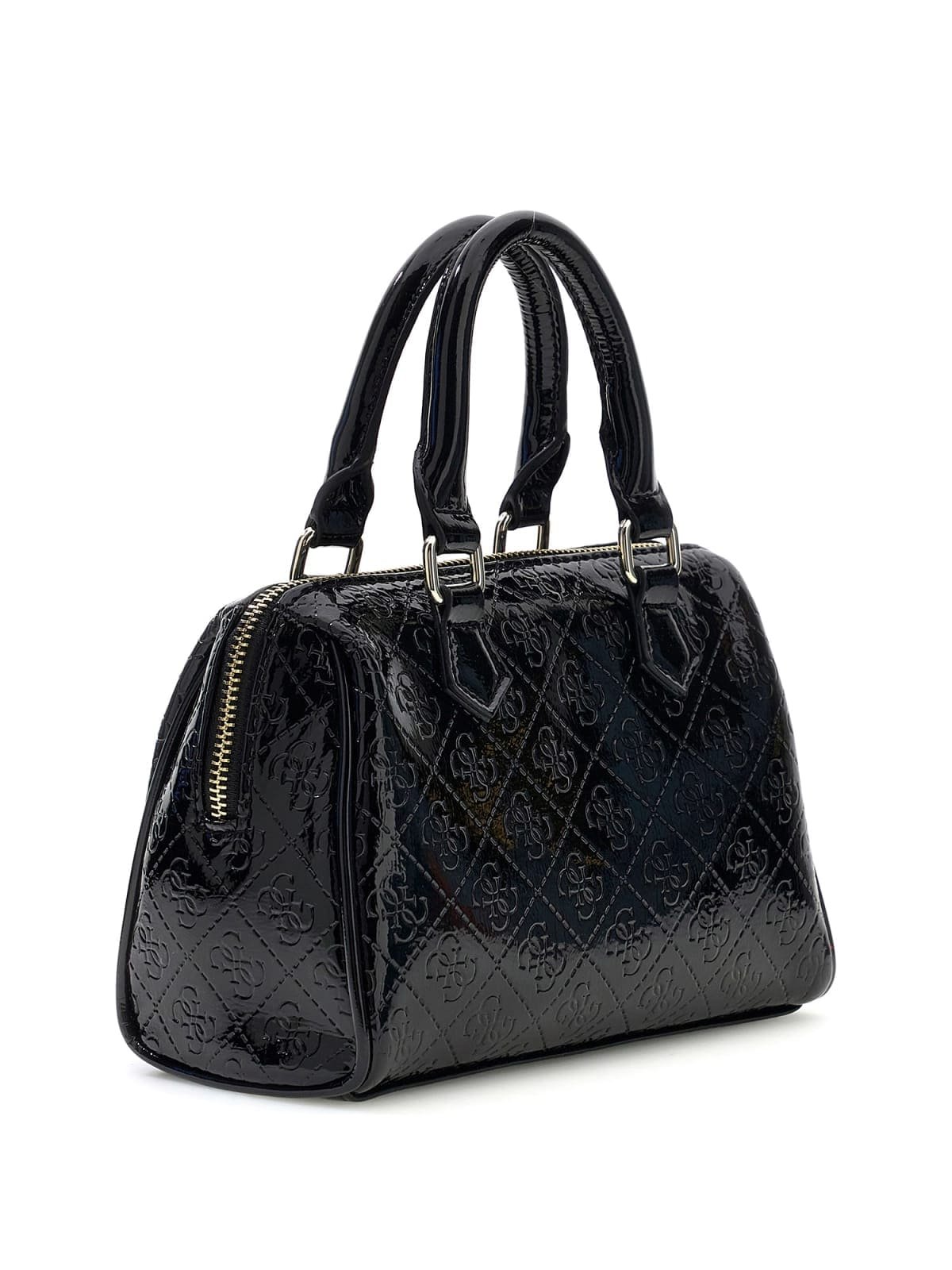 Bolso negro GUESS de charol acolchado con logotipo metálico dorado