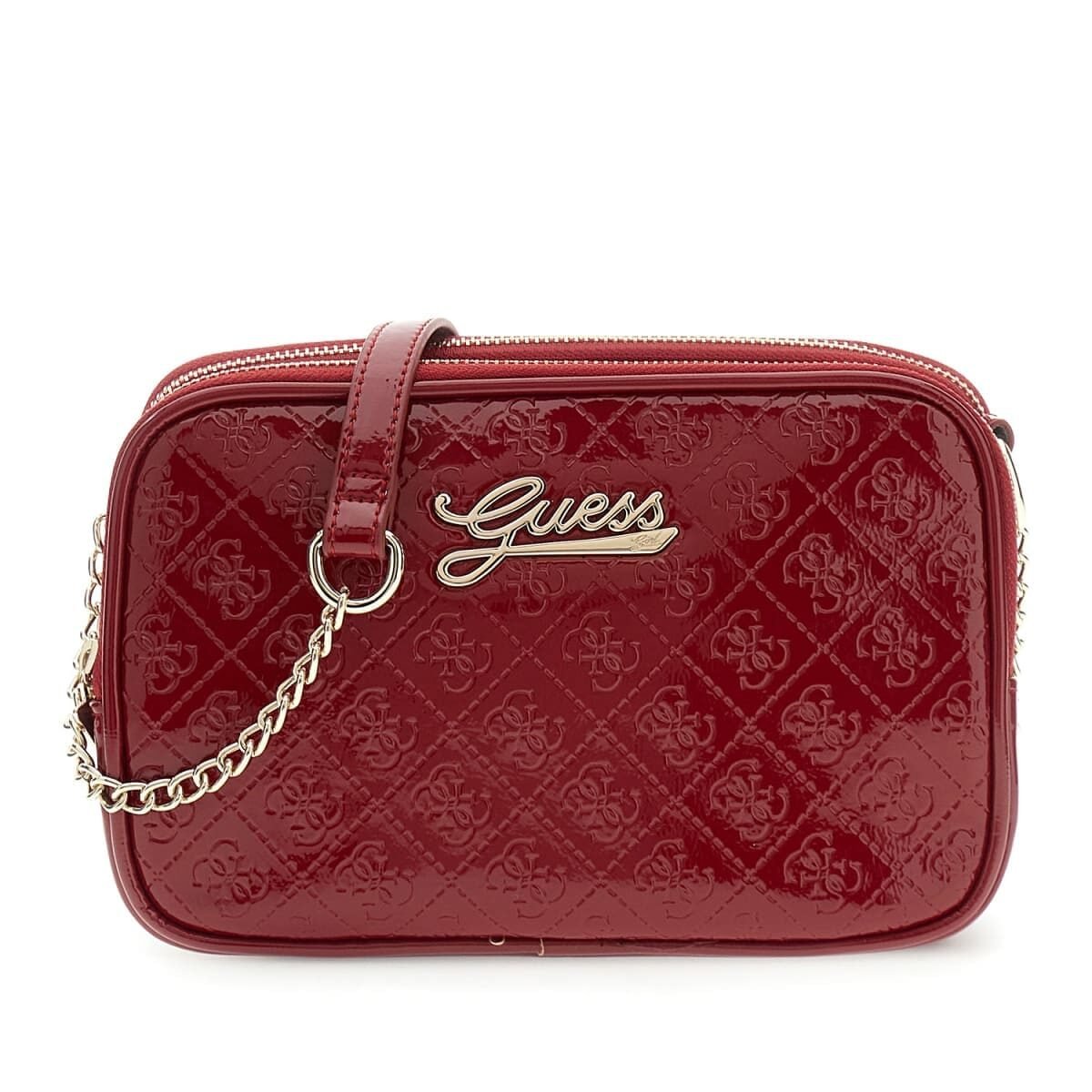 Bolso bandolera GUESS de charol acolchado con logotipos, correa de cadena y detalle metálico