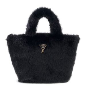 Bolso de mano GUESS de pelo sintético negro con logotipo triangular metálico y asas superiores
