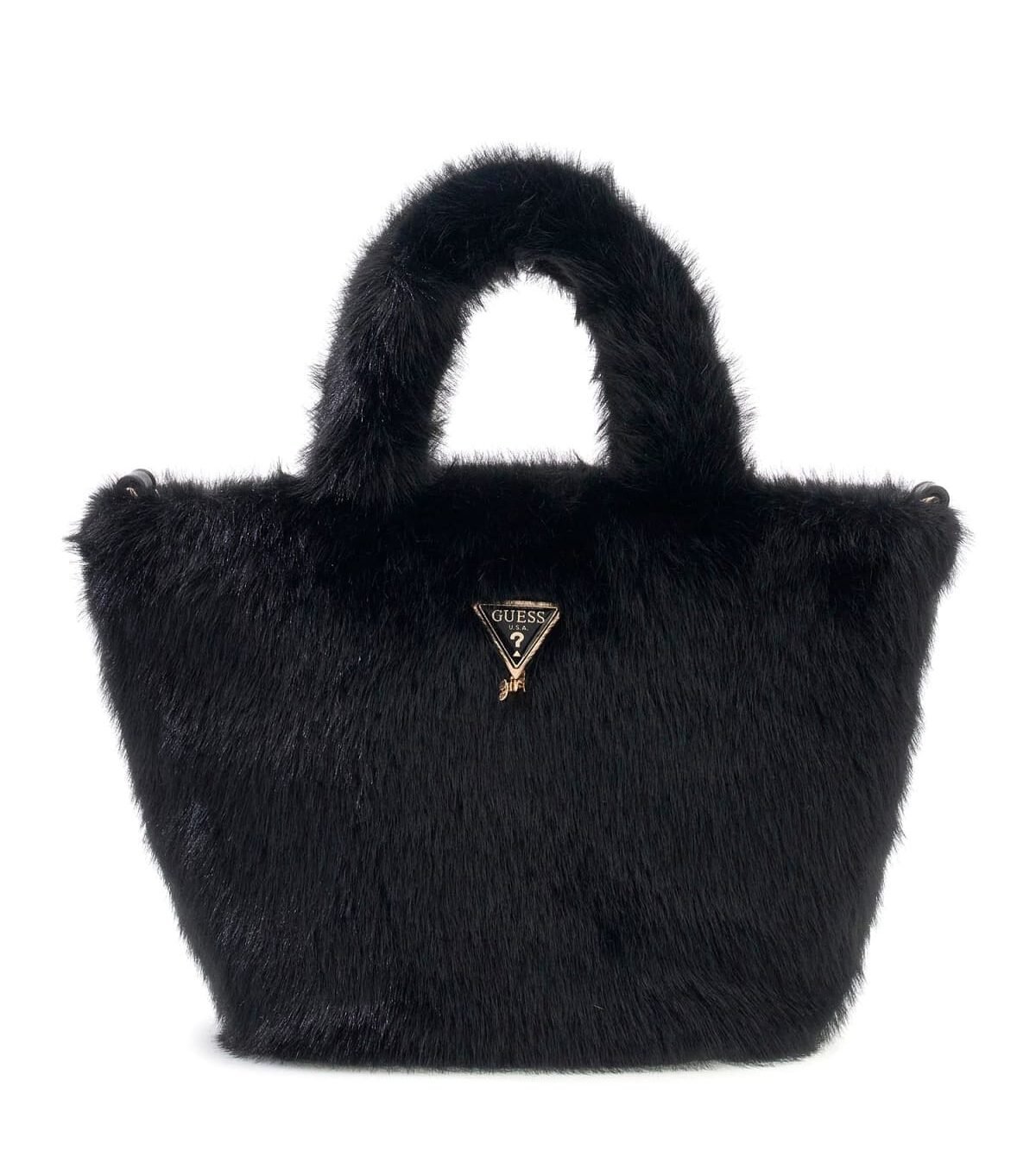 Bolso de mano GUESS de pelo sintético negro con logotipo triangular metálico y asas superiores