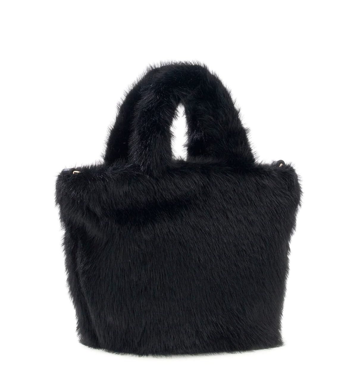 Bolso de mano GUESS de pelo sintético negro con logotipo triangular metálico y asas superiores