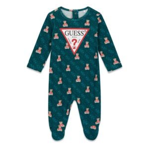 Pijama bebé GUESS de una pieza con estampado de ositos, logotipos y pies integrados