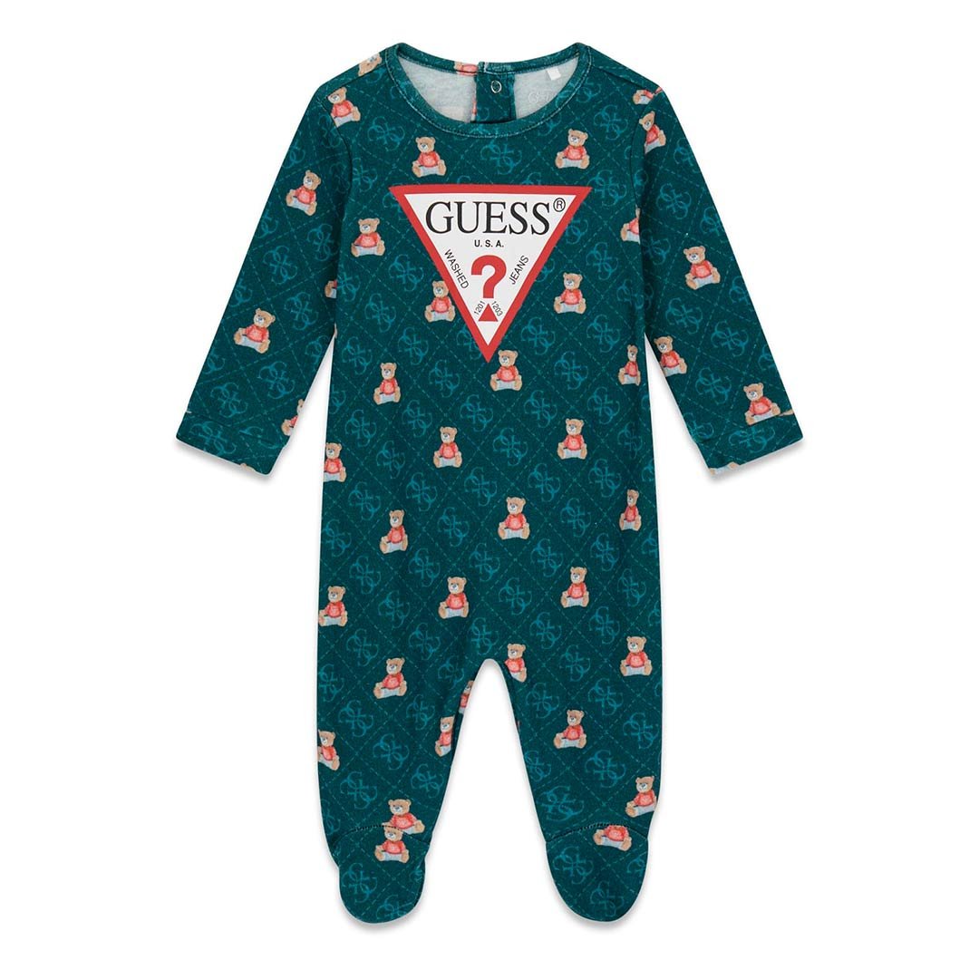 Pijama bebé GUESS de una pieza con estampado de ositos, logotipos y pies integrados