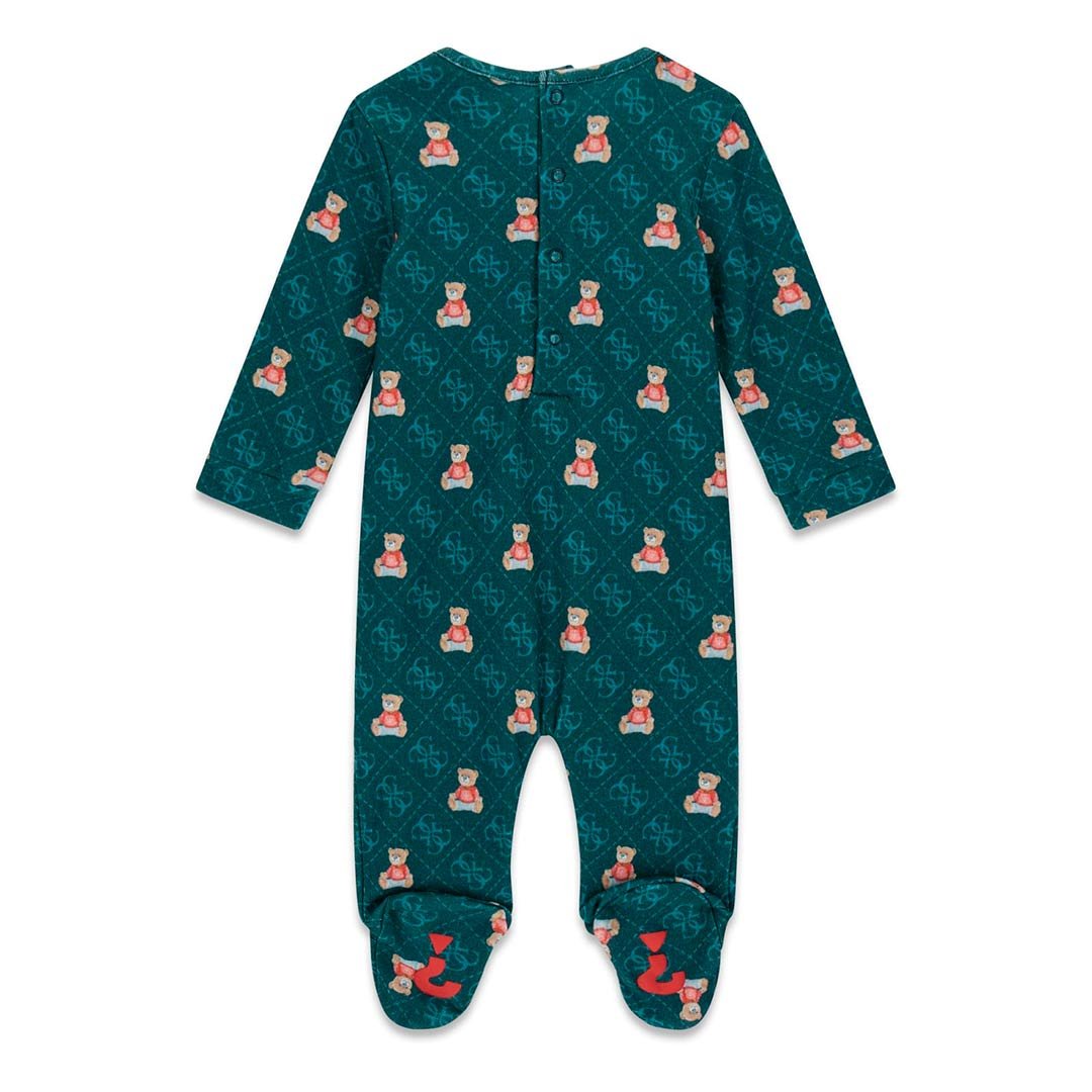 Pijama bebé GUESS de una pieza con estampado de ositos, logotipos y pies integrados