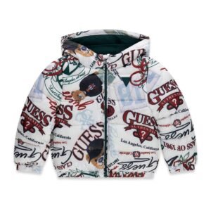Chaquetón bebé GUESS acolchado con capucha y estampado de logotipos y ositos
