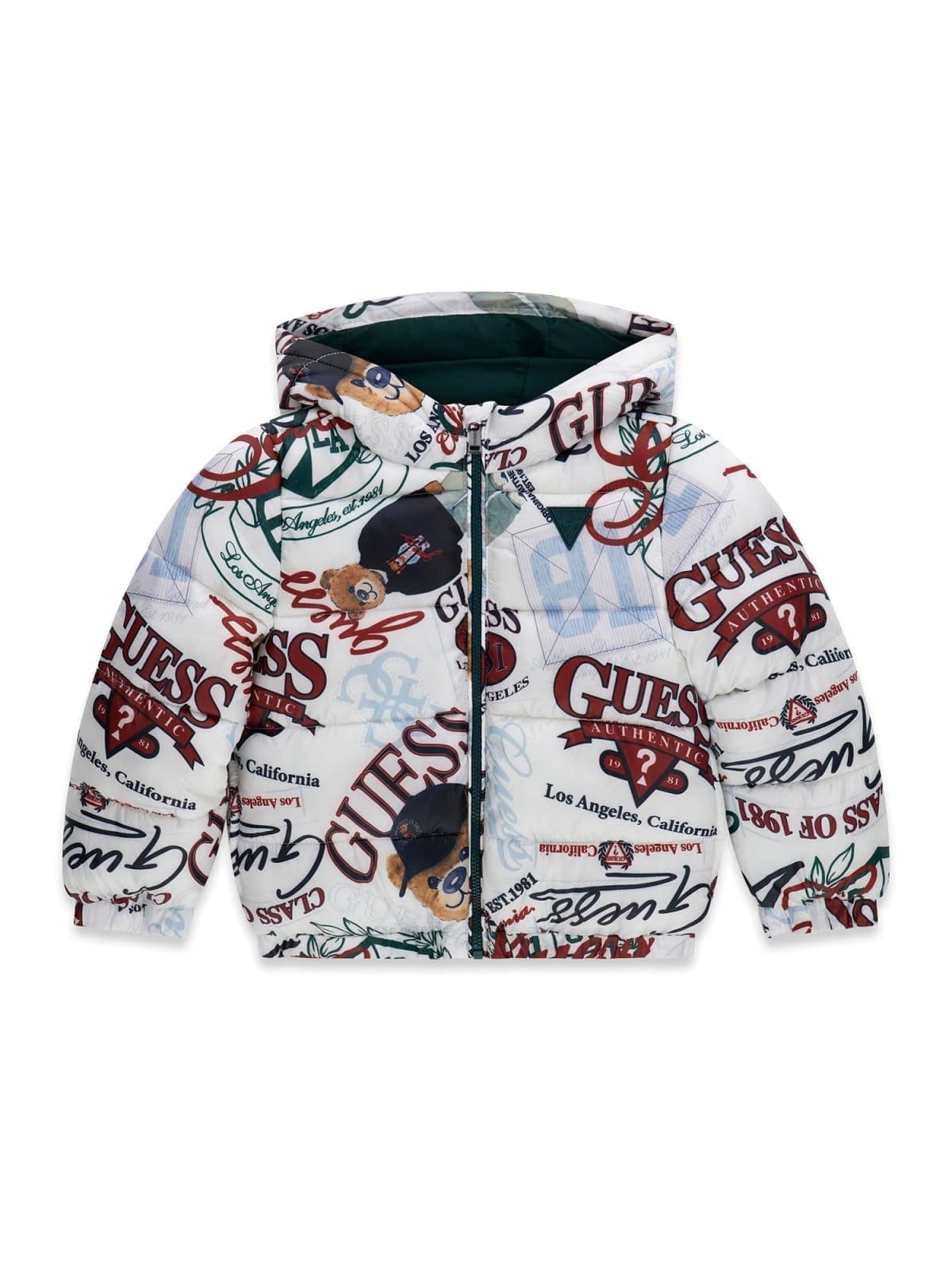 Chaquetón bebé GUESS acolchado con capucha y estampado de logotipos y ositos