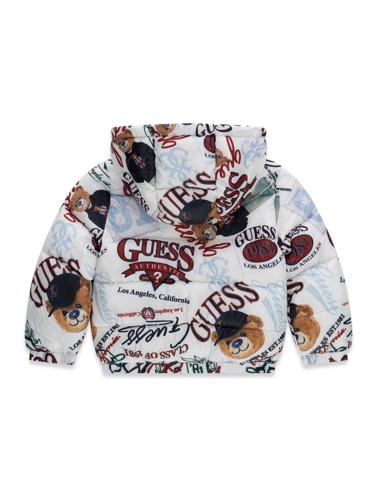 Chaquetón bebé GUESS acolchado con capucha y estampado de logotipos y ositos