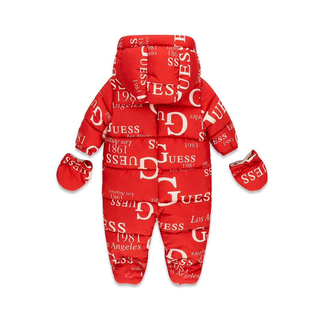 Buzo acolchado de bebé GUESS con estampado integral de logotipos, capucha y manoplas a juego
