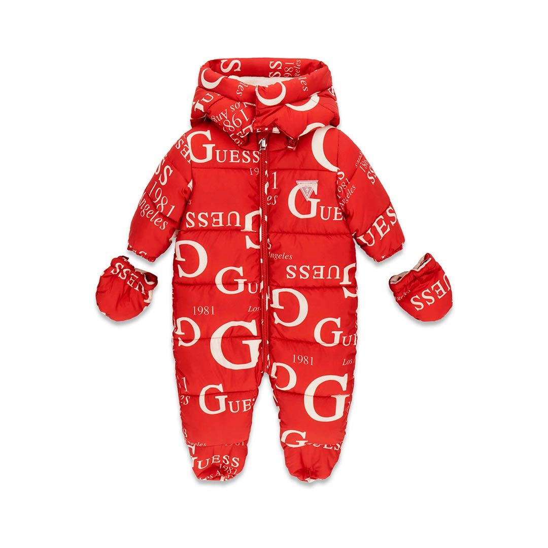 Buzo acolchado de bebé GUESS con estampado integral de logotipos, capucha y manoplas a juego
