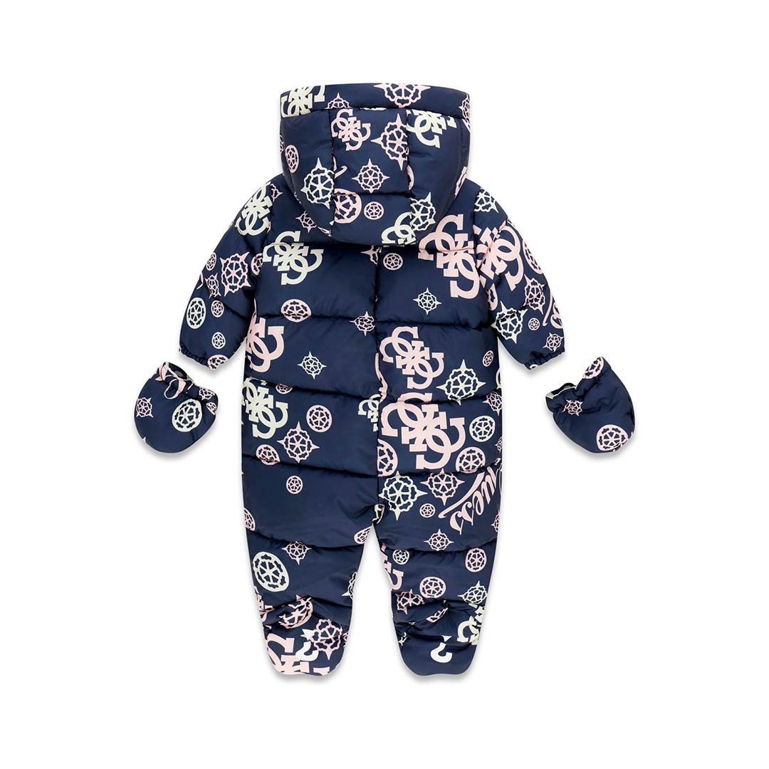 Buzo acolchado de bebé GUESS con estampado integral de logotipos, capucha y manoplas a juego