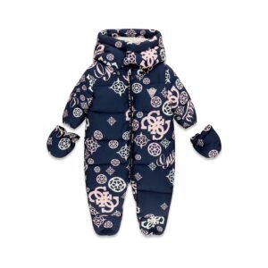 Buzo acolchado de bebé GUESS con estampado integral de logotipos, capucha y manoplas a juego