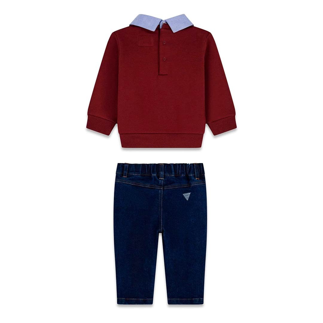 Conjunto bebé GUESS sudadera cuello camisero y pantalón denim Conjunto bebé GUESS con sudadera de cuello camisero y pantalón denim