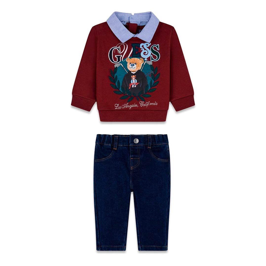 Conjunto bebé GUESS sudadera cuello camisero y pantalón denim Conjunto bebé GUESS con sudadera de cuello camisero y pantalón denim