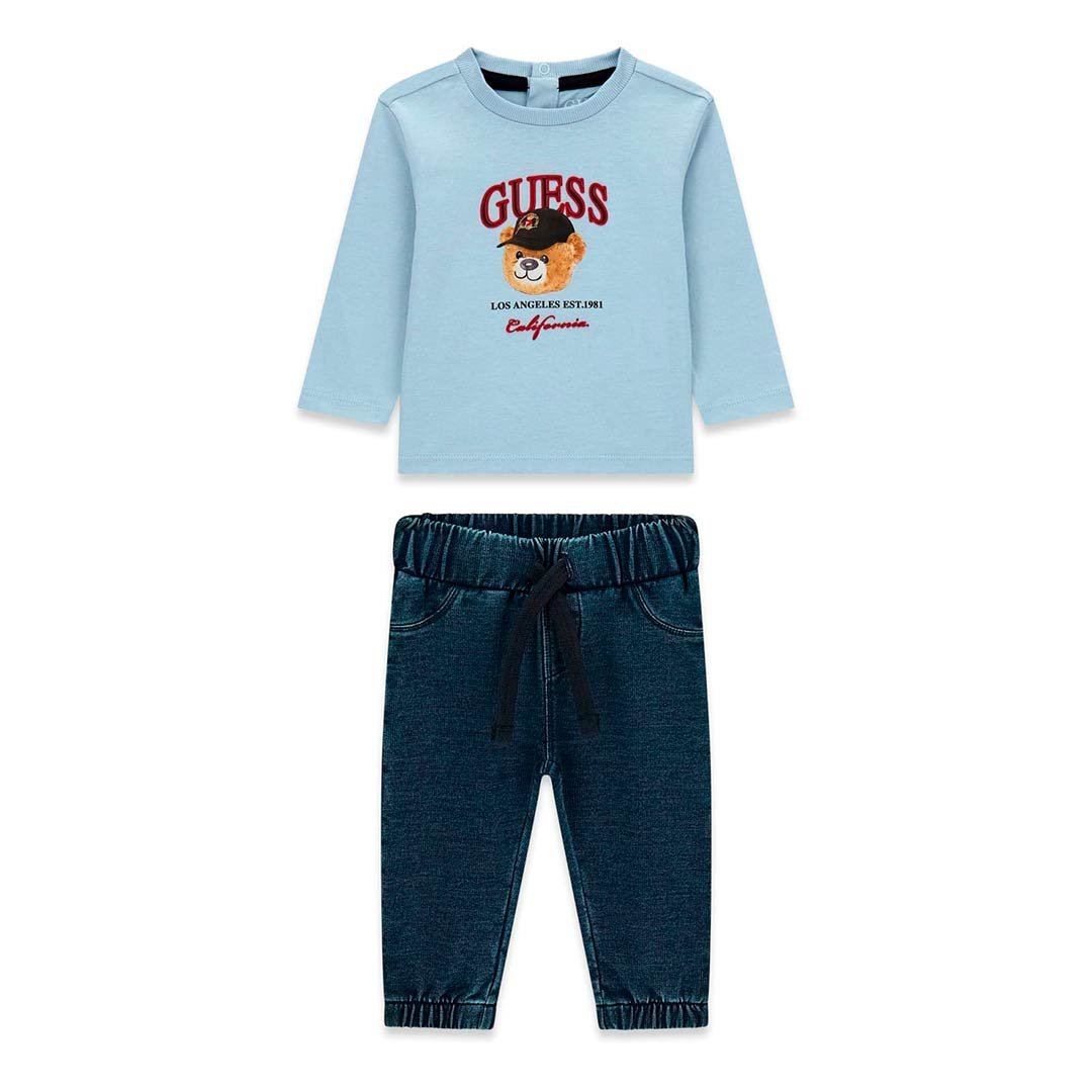 Conjunto bebé GUESS camiseta de osito y pantalón denim Conjunto bebé GUESS con camiseta de manga larga de osito y pantalón efecto denim