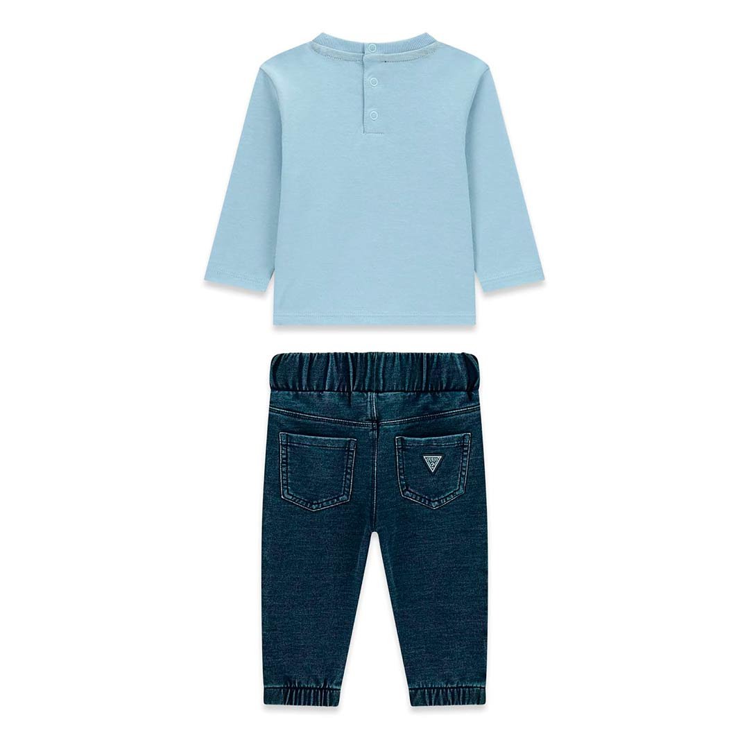 Conjunto bebé GUESS camiseta de osito y pantalón denim Conjunto bebé GUESS con camiseta de manga larga de osito y pantalón efecto denim