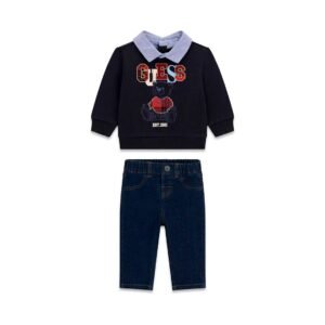 Conjunto bebé GUESS con sudadera de cuello camisero y osito y pantalón vaquero