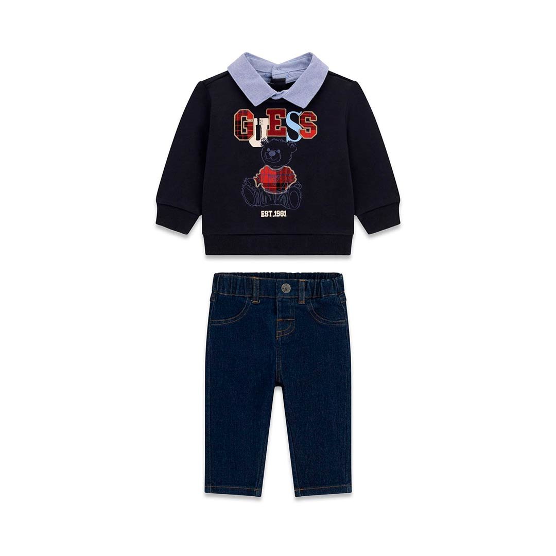 Conjunto bebé GUESS con sudadera de cuello camisero y osito y pantalón vaquero